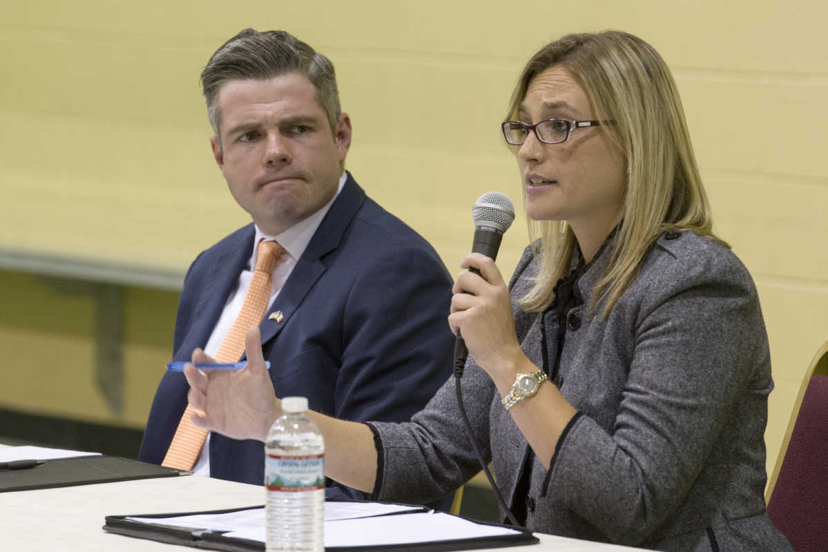 Republican state Rep. Martina White (right) and Democratic nominee Matt Darragh (left) debate at the Somerton Youth Organization October 27, 2016. White won a special election last year for Northeast Philadelphia's 170th District, the first GOP pick-up of a seat in the city in years. Now the Democrats in that area, who were beset with infighting last year, seem to be unifying to try to take back the seat in the general election. TOM GRALISH / Staff Photographer
